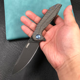 KUBEY KB235 Nova Frame Lock Flipper Folding Knife 6AL4V Titanium Tiger Stripe Pattern Flamed Handle 3.66" Darkwashed 14C28N